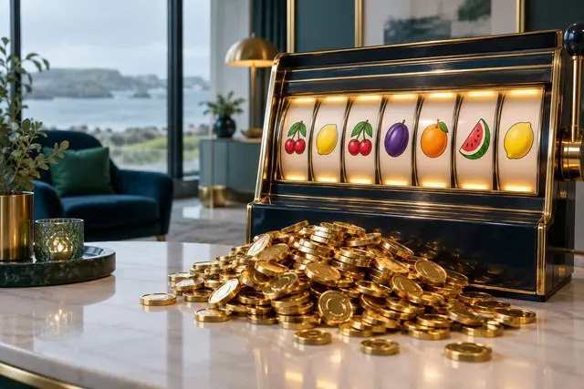 Large heap of gold tokens in front of a slot screen