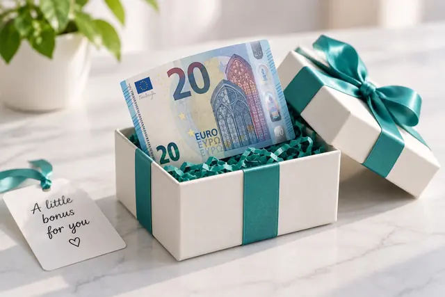 Twenty euro note tucked into a small gift box