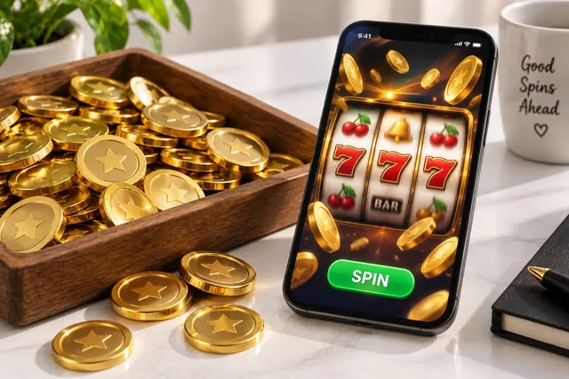 50 free spins no deposit: tray of shiny gold tokens next to a phone with spinning reels