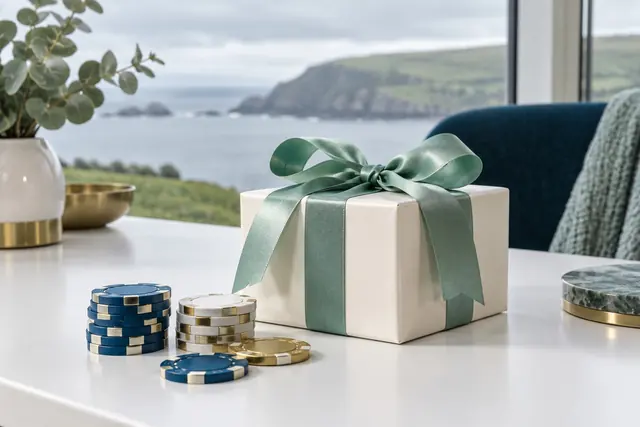Gift with a green ribbon and chips on a white table