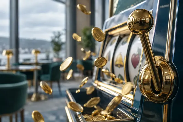 Rainbow riches: classic slot lever and gold coins in the air