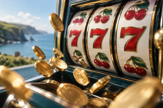 Casino welcome bonus: slot reels with cherries and sevens and coins flying out