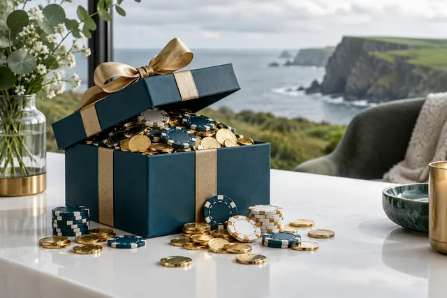 Open gift box full of coins and chips