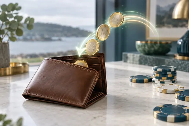 Coins returning to a wallet along a curved arrow