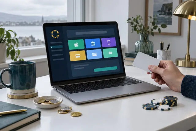 Online casino cashier with payment method tiles on a laptop and a debit card in hand