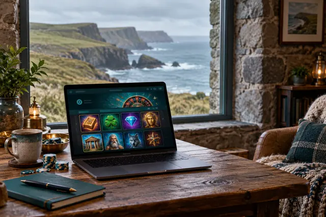 Laptop on a cottage table with a view of the Atlantic coast