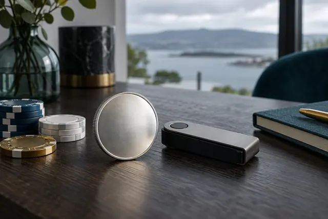 Ethereum casino: silver crypto coin and a hardware wallet next to chips