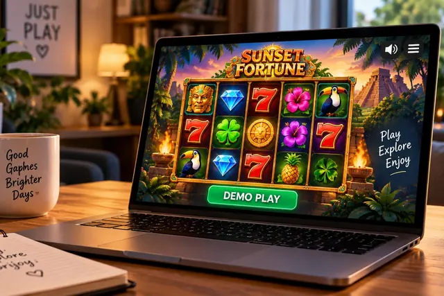 Laptop with a colourful slot in demo mode and no money on the desk