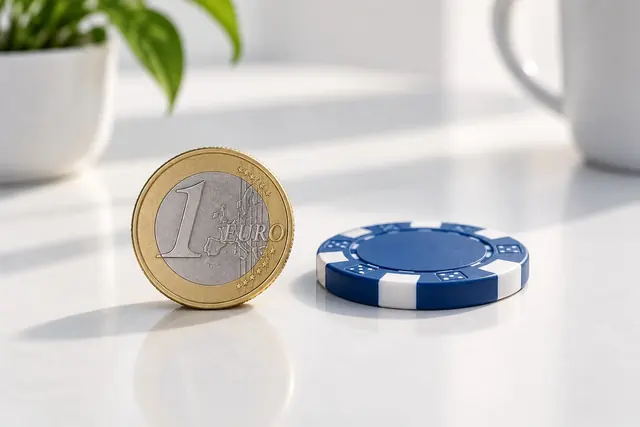 1 euro deposit casino: one euro coin and a single casino chip on a white table