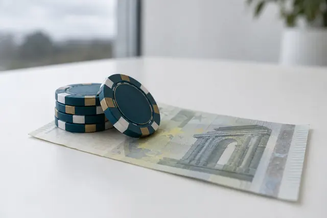 Five euro note under a small stack of chips