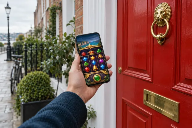 Smartphone with a slot game held in front of a colourful Georgian door