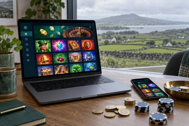 Laptop with an online casino lobby, a smartphone, euro coins and chips on a desk by a window over green Irish fields