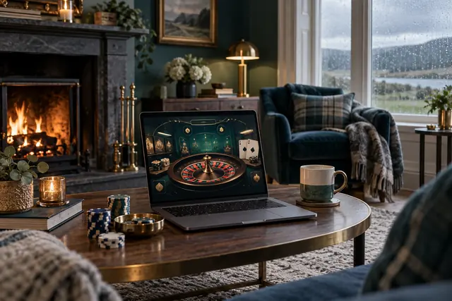 Cosy Irish sitting room with a turf fire, a laptop with a casino game and rain on the window
