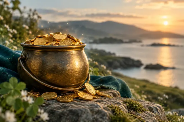 Pot of gold coins under warm glowing lights