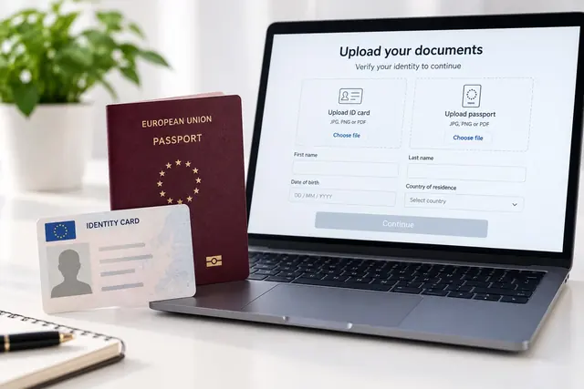 ID card and passport next to a laptop with a document upload form
