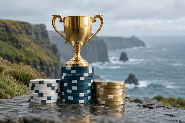 Gold trophy on a podium of casino chips