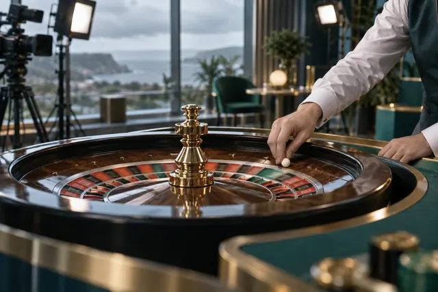 Live casino: dealer’s hands spinning a roulette wheel in a live casino studio