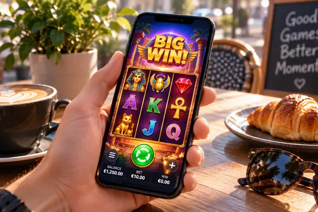 Book of dead: smartphone with a slot game in hand at a café table