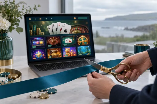 Ribbon being cut in front of a laptop with a casino lobby