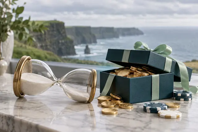 Hourglass lying on its side next to an open gift with coins