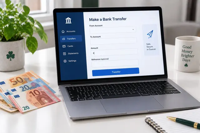 Bank transfer casino: bank transfer form on a laptop with euro banknotes