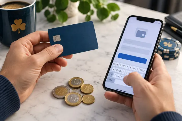 Hand holding a debit card while paying on a smartphone