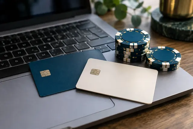 Two blank debit cards on a laptop keyboard next to casino chips