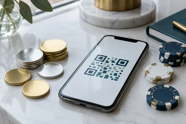 Crypto coins, a phone with a QR code and casino chips