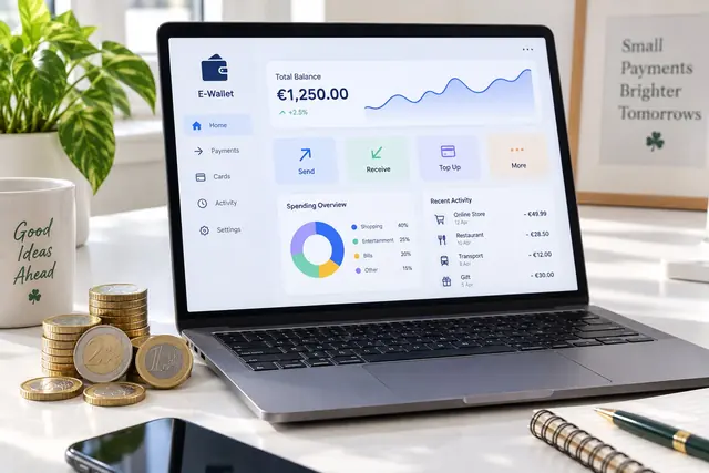 Starburst: laptop with an e-wallet dashboard and euro coins