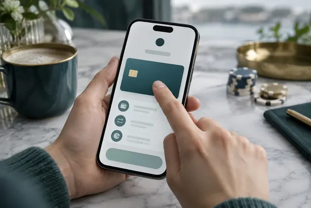 Hand tapping a virtual card in a banking app on a phone