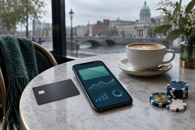 Smartphone with a fintech banking app and a metal card on a café table