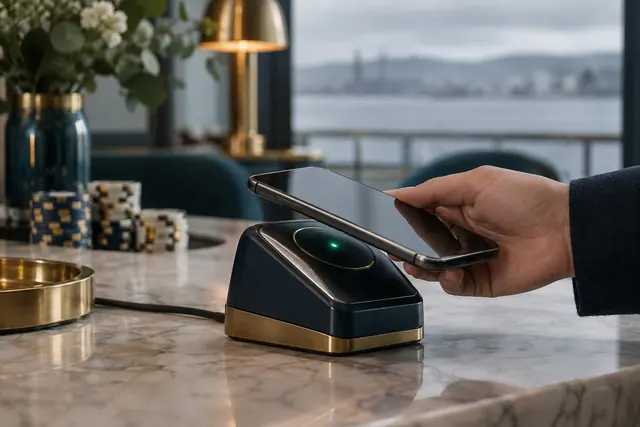 Phone held to a contactless terminal with a green confirmation light