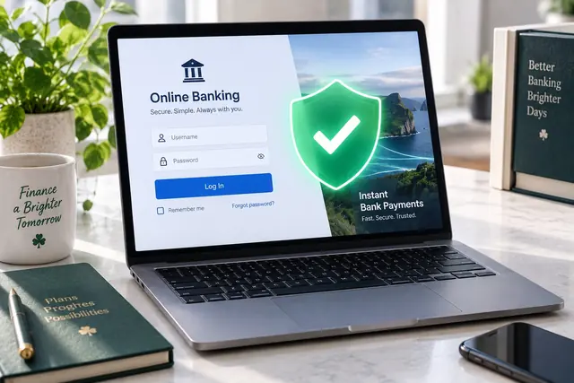 Trustly casino: online banking login on a laptop with a green shield – an instant bank payment