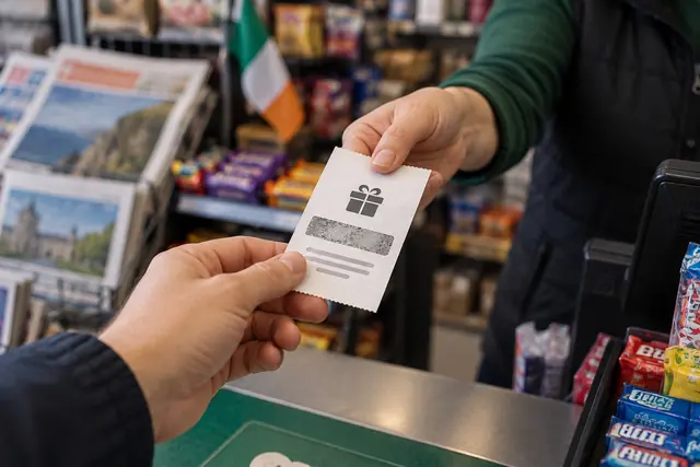 Prepaid voucher handed over the counter of a newsagent