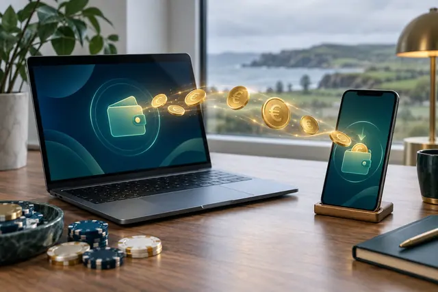 Coins moving from a laptop to a phone – an e-wallet transfer