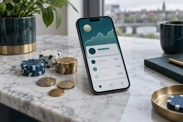 Online casino paypal: smartphone with a digital wallet balance, euro coins and chips