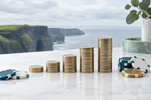 Best payout casino ireland: stacks of euro coins rising like a bar chart beside casino chips