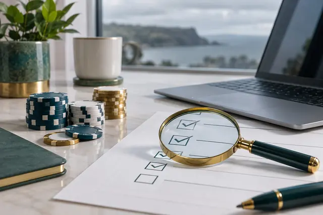 Magnifying glass over a checklist next to chips and a laptop