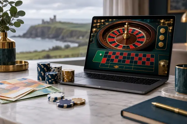 Euro banknotes and chips beside a laptop with a roulette game