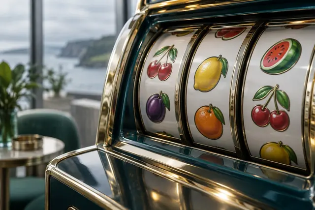 Slot sites: close-up of slot reels with fruit symbols