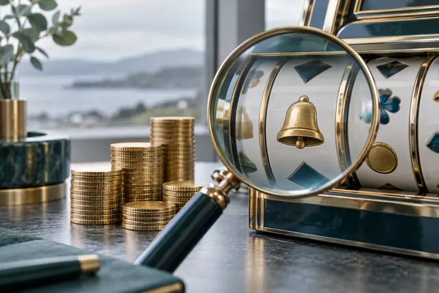 Magnifying glass over slot reels and coin stacks