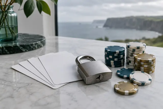 Steel padlock lying on cards and casino chips