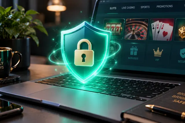 Green shield with a padlock above a laptop keyboard