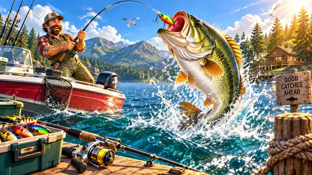 Big Bass Bonanza – a fishing boat and a big bass above the water