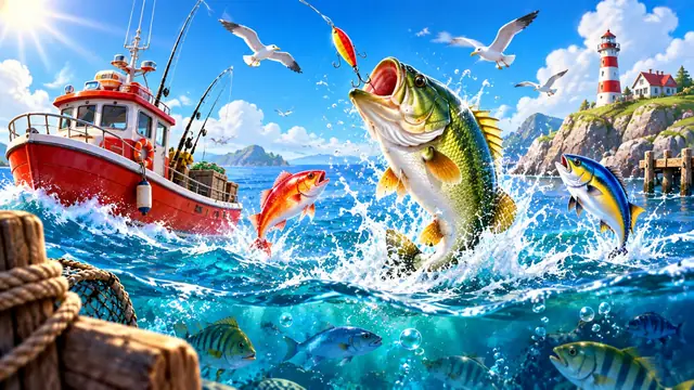 Fishin’ Frenzy – a fishing boat on a bright sea with jumping fish