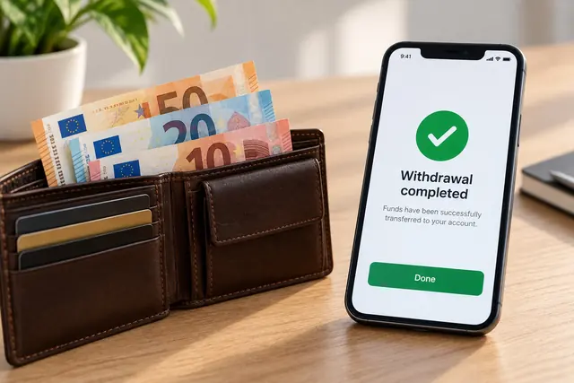 Euro banknotes in a wallet and a confirmed withdrawal on a phone