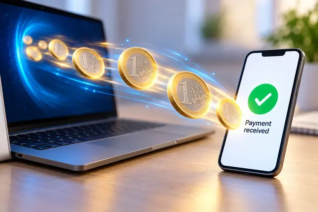 Euros flowing from a laptop to a phone with a green tick