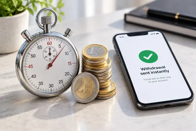 Stopwatch next to a stack of euro coins and a phone
